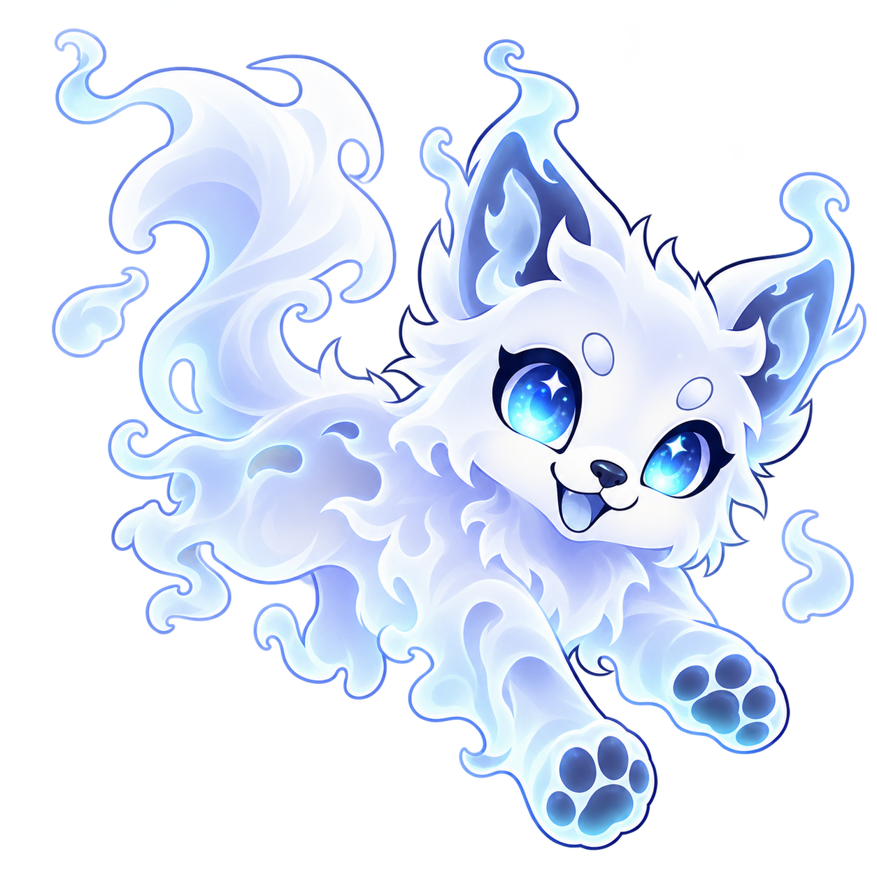 A ghost Chocukat — wispy white and blue, big sparkling eyes